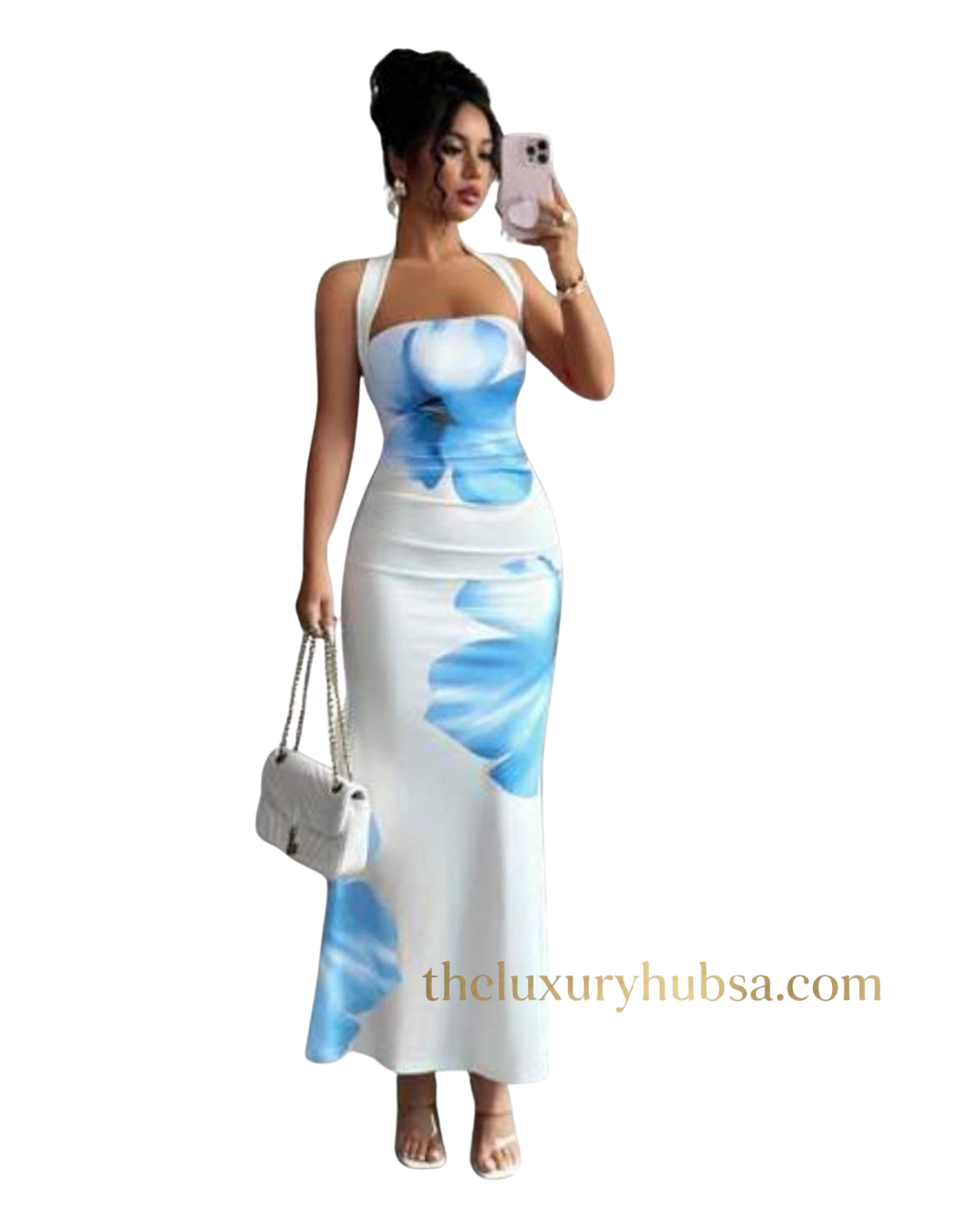 Formal white and blue floral dress