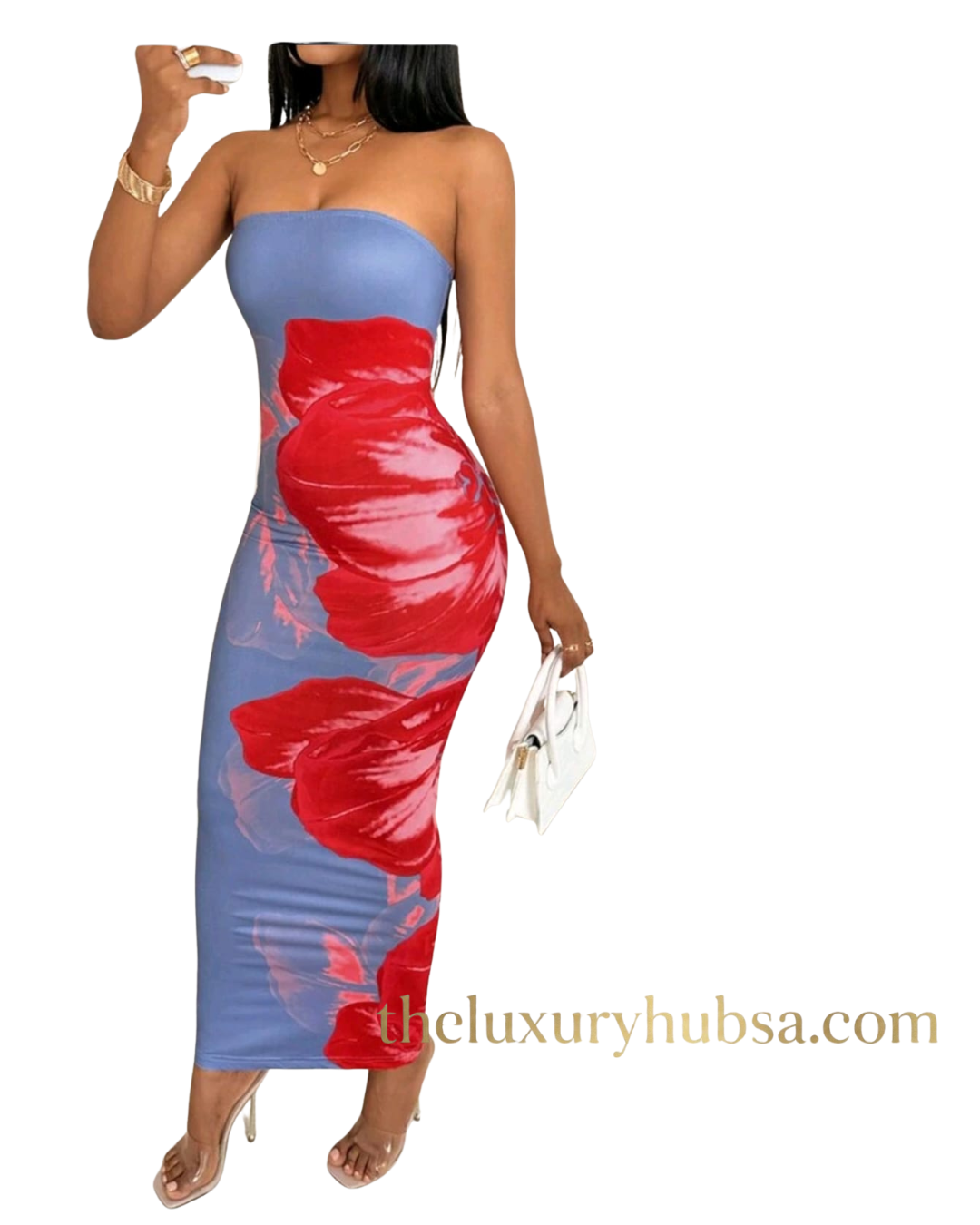 Blue and pink off the shoulder dress